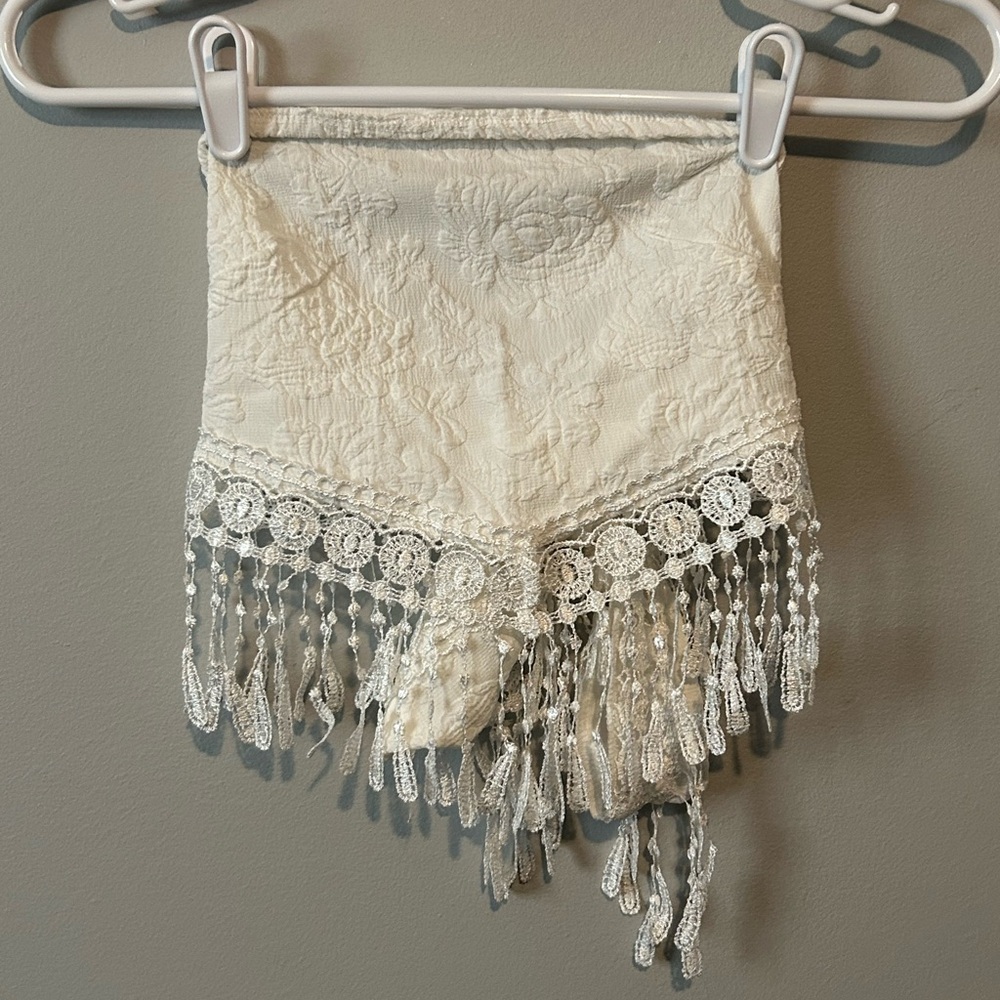 Elegant Cream Lace Tie Top with Fringe Tassels Bohemian Small  Textured top